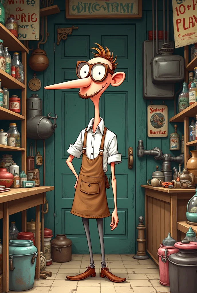 A cartoonist AI image of a thin man who is a shopkeeper with the background of his shop