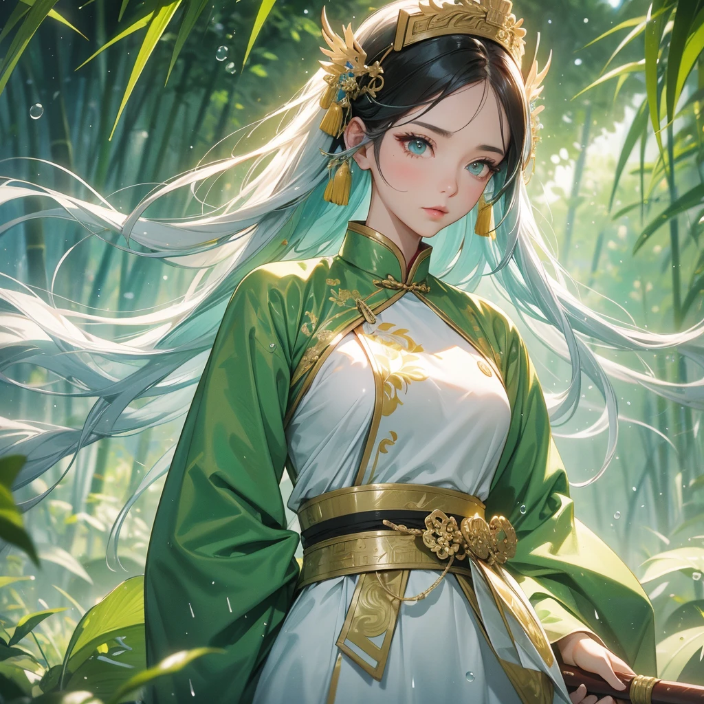 A beautiful female general holding a big spear in white ancient Chinese general costume, the back is a lush green bamboo forest. the air after rain has water droplets splashing around, close up.