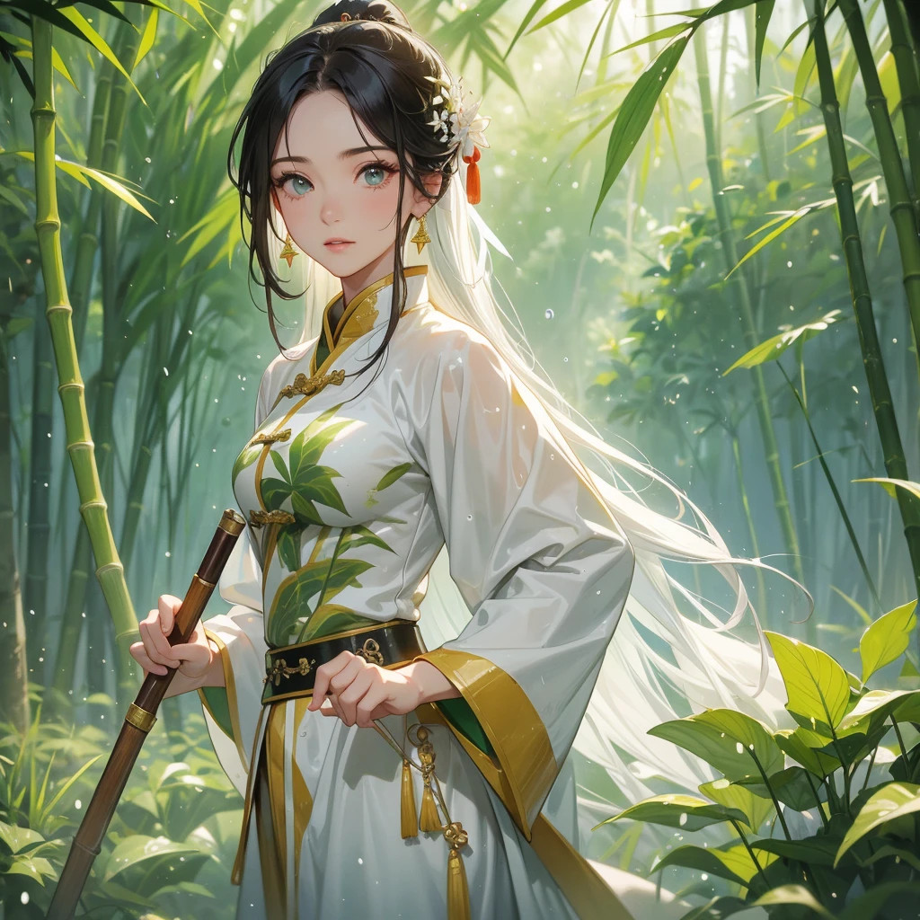 A beautiful female general holding a big spear in white ancient Chinese general costume, the back is a lush green bamboo forest. the air after rain has water droplets splashing around, close up.