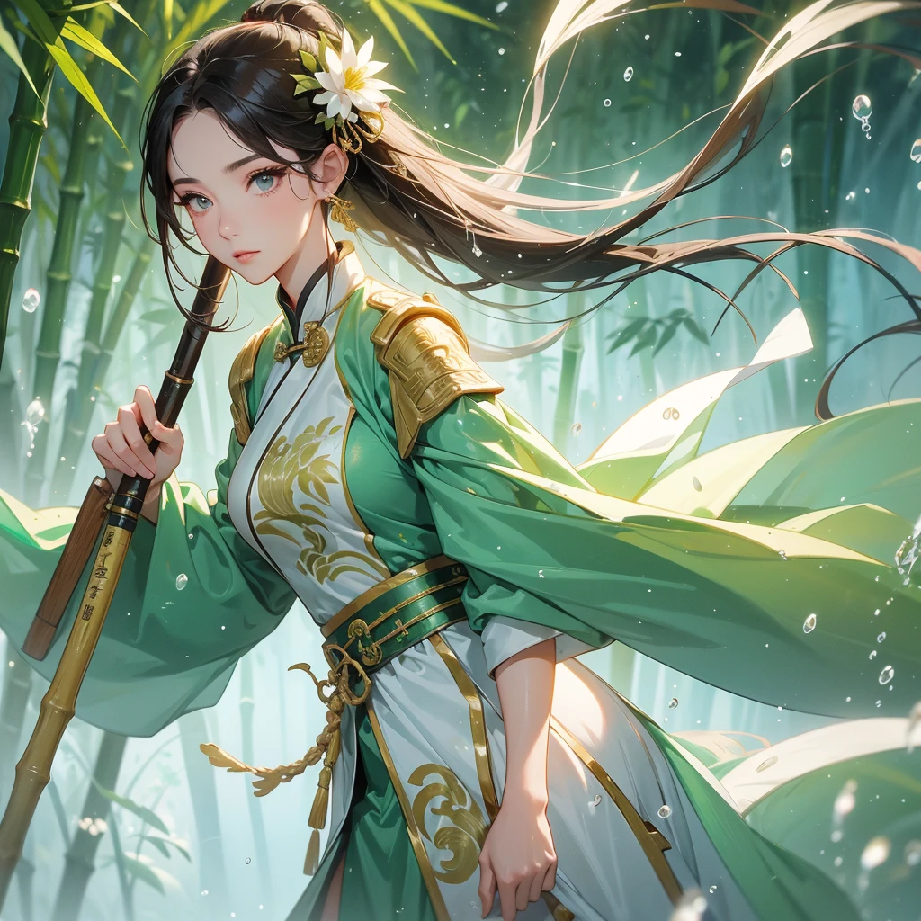 A beautiful female general holding a big spear in white ancient Chinese general costume, the back is a lush green bamboo forest. the air after rain has water droplets splashing around, close up.