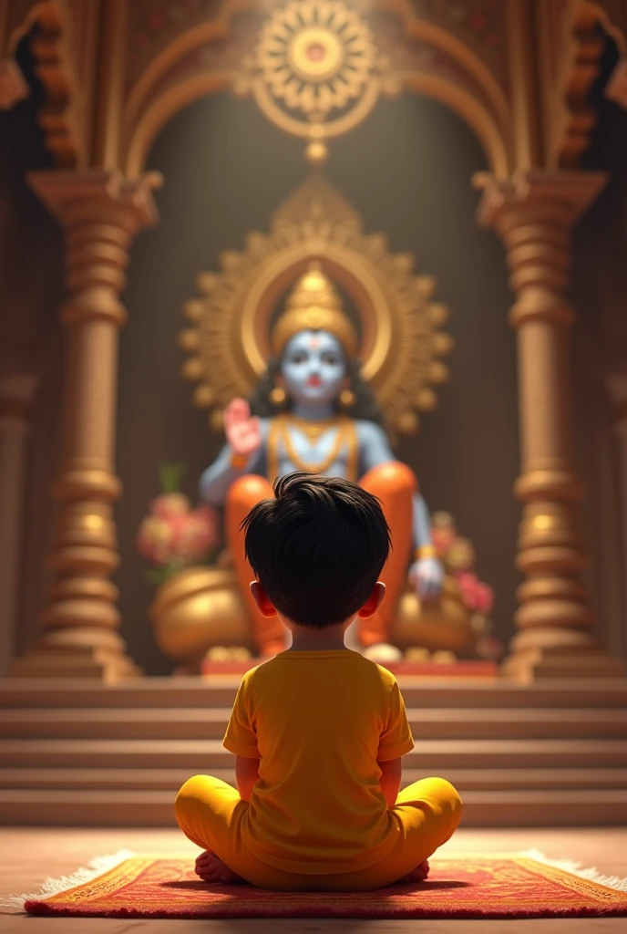 I want to gnerate picture a boy
whose name is Aaditya written in his yellow t shirt and wearing full pant yellow sitting infront and worshipping lord krishn in temple and Aaditya written in his tshirt