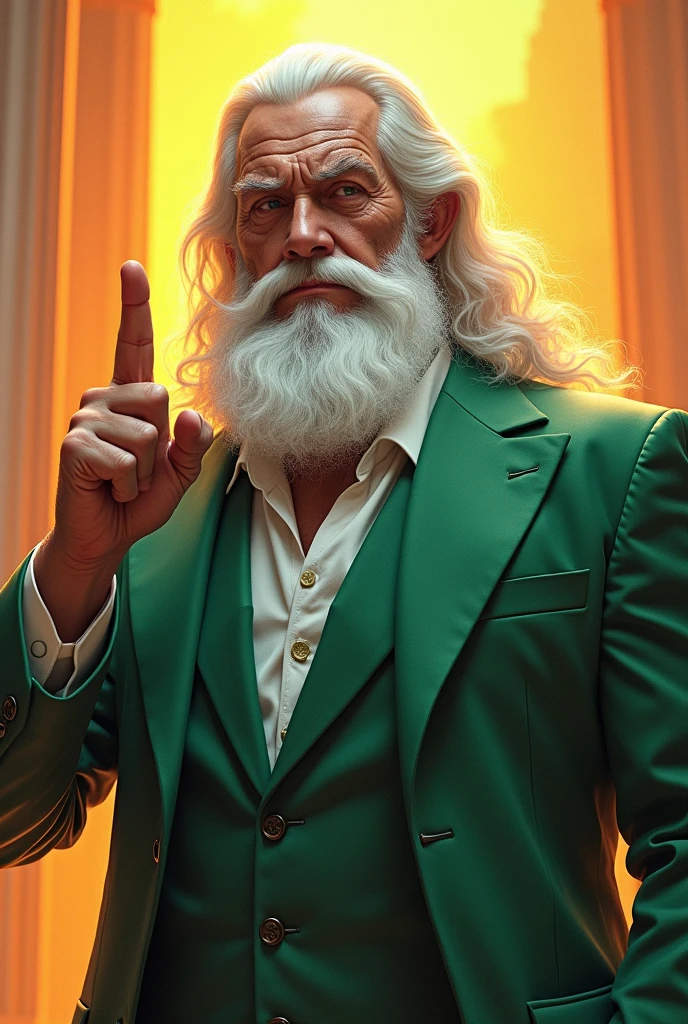 A 50 year old man, with the imposing appearance of a wise and powerful old man. He has white hair and beard, similar to the classical image of Zeus, which gives it an air of authority and grandeur. His physique is robust and muscular., showing remarkable strength. He wears a green suit that highlights his formidable presence.. With an angry and serious expression on his face, points finger at camera, conveying a sense of disapproval and power, detailed realistic, bright and colorful colors, 8k