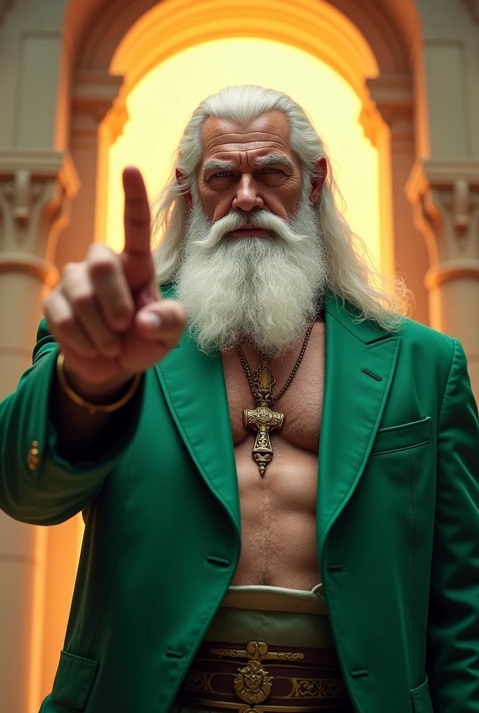 A 50 year old man, with the imposing appearance of a wise and powerful old man. He has white hair and beard, similar to the classical image of Zeus, which gives it an air of authority and grandeur. His physique is robust and muscular., showing remarkable strength. He wears a green suit that highlights his formidable presence.. With an angry and serious expression on his face, points finger at camera, conveying a sense of disapproval and power, detailed realistic, bright and colorful colors, 8k