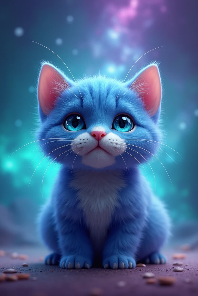 create a cute cat, It has turquoise and purple color, hiper realisitic, He is looking up, he is in front, front-facing, he has a pink nose, your eyes are blue, blue eyes, realisitic, super realisitic, the background is a turquoise galaxy with purple