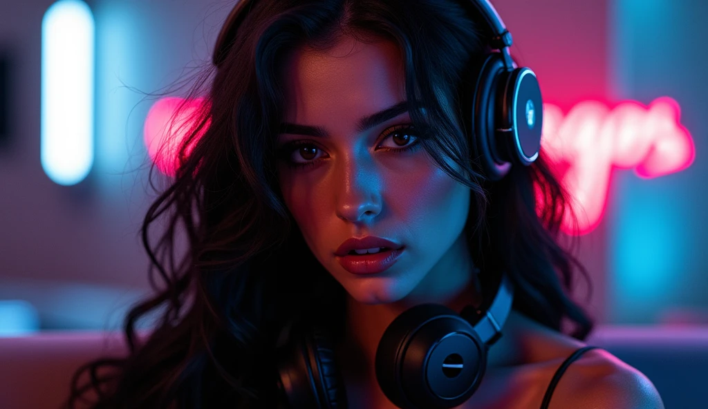 Sexy futuristic DJ WOMAN black wavy hair. Add a discreet neon sign "Vandal Tangos" In the scene.