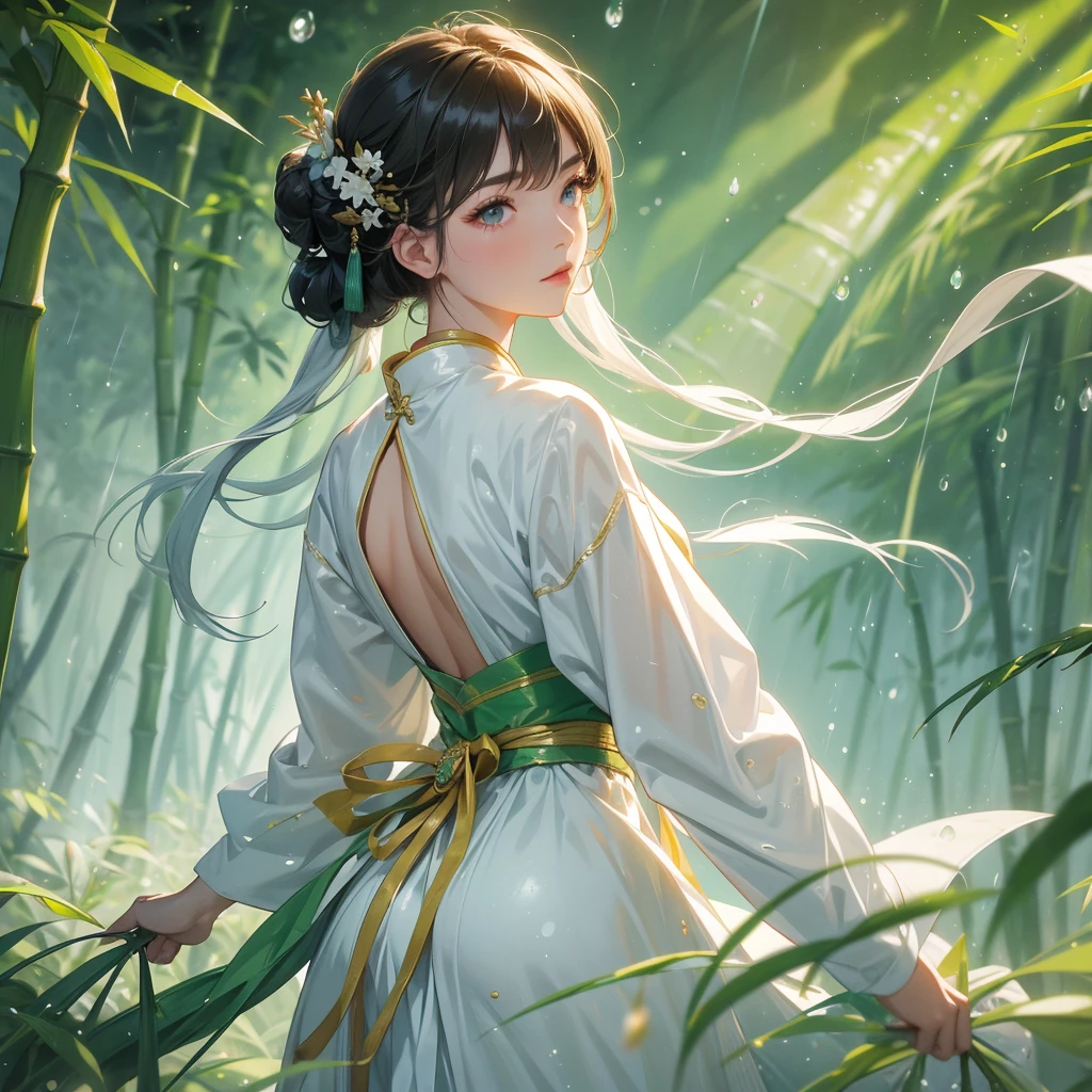 A beautiful female general holding a big spear in white ancient Chinese general costume, the back is a lush green bamboo forest. the air after rain has water droplets splashing around, close up.