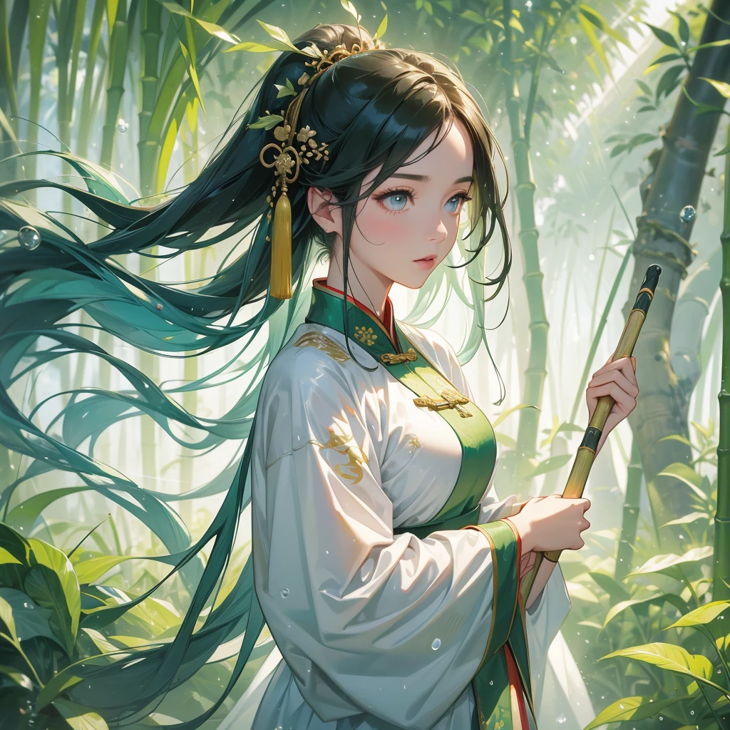 A beautiful female general holding a big spear in white ancient Chinese general costume, the back is a lush green bamboo forest. the air after rain has water droplets splashing around, close up.