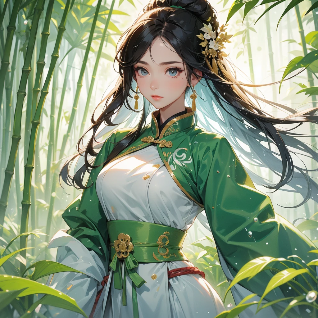 A beautiful female general holding a big spear in white ancient Chinese general costume, the back is a lush green bamboo forest. the air after rain has water droplets splashing around, close up.
