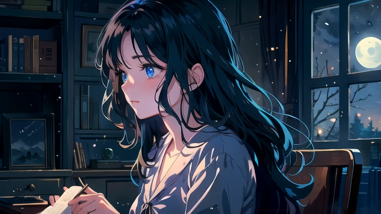 Create an illustration of black hair and blue eyes, sitting in a chair in front of a desk, Sentimental, Introspective look。, The moonlight gently shines into the room, Gently illuminate the space, Curtains sway in the wind, Increase tranquility, Dark mood, Emphasise the theme of loneliness, silence, And the depths of night, The room is dark、dimly lit by the moonlight