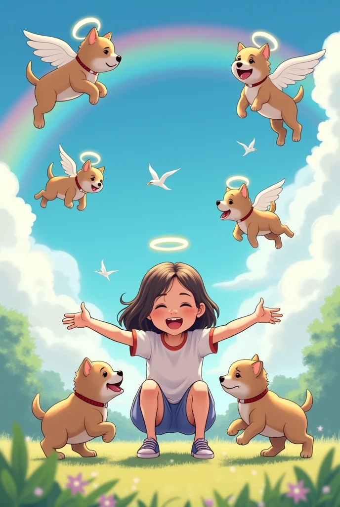 Give me a drawing.
The background have cloud, rainbow and birds
While in the middle there's a teenager girl squatting down while opening her arms to welcome the 3 new alive small dogs running towards her while there's 3 dead angel dogs with round on top of the dog flying on her upper head