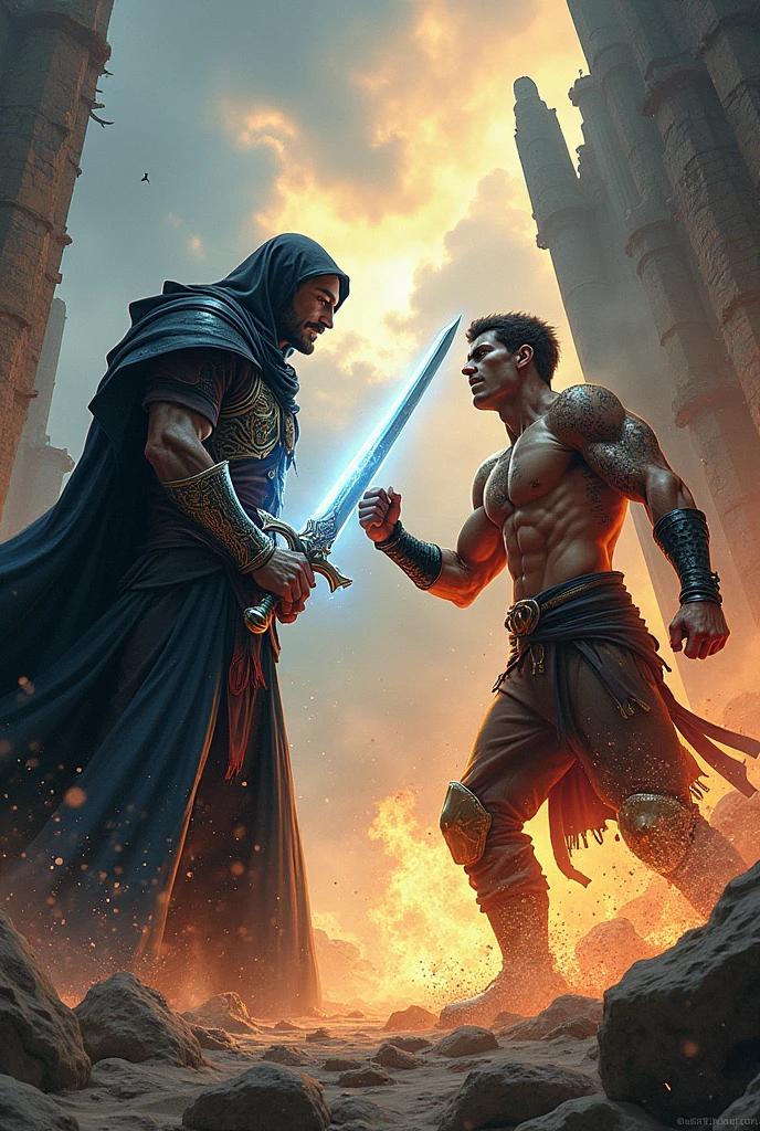 Give me a panel of  Mage with a sword  Vs  strength only fist was  facing off  before the fight and the next panel the strength man was using a final blow punch to mage user to end the fight and the mage user was died cause strength man was stabbing his fist on mage user chest and the strength man was screaming for a victory 