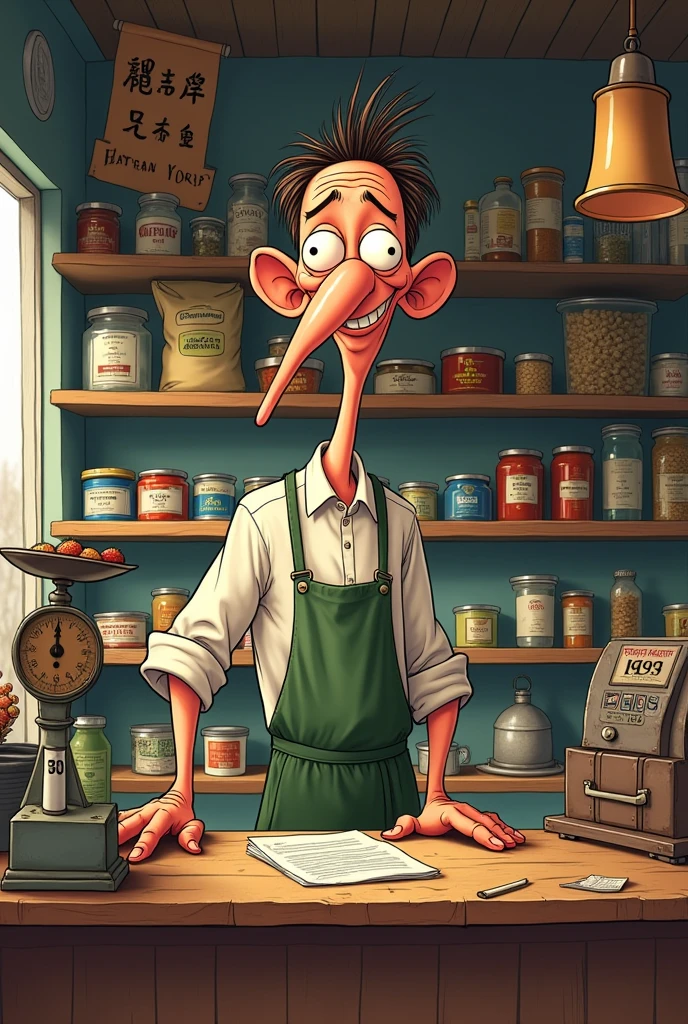 A cartoonist AI image of  a thin man who is a ration shopkeeper with the background of his shop 