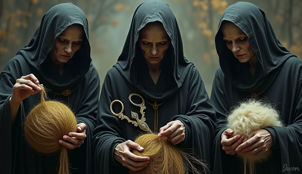 Act like the Three Fates of Greek mythology, known as Clotho, Lachesis and Atropos. OLD WOMAN, DARK IMAGE WITH A VEIL ON THE HEAD, ONE OF THEM HOLDING SCISSORS AND CUTTING WOOLEN THREAD. THE OTHER HOLDING A BALL OF WOOL AND GOLDEN THREAD, masterpiece, anatomically correct, award-winning, best quality, high resolution