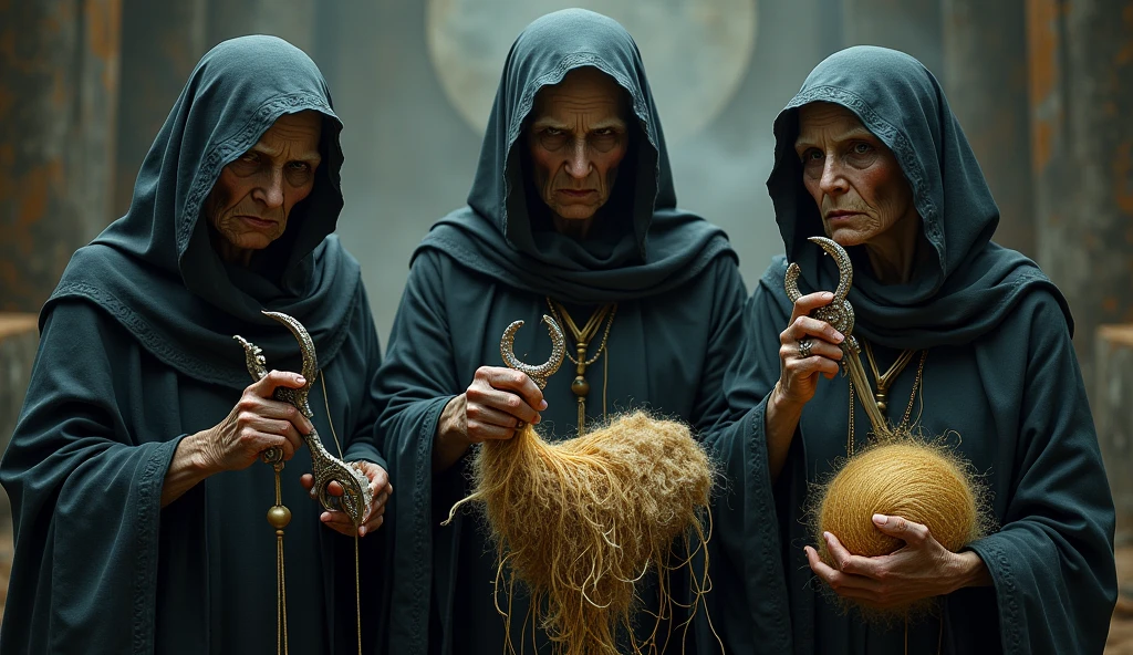Act like the Three Fates of Greek mythology, known as Clotho, Lachesis and Atropos. OLD WOMAN, DARK IMAGE WITH A VEIL ON THE HEAD, ONE OF THEM HOLDING SCISSORS AND CUTTING WOOLEN THREAD. THE OTHER HOLDING A BALL OF WOOL AND GOLDEN THREAD, masterpiece, anatomically correct, award-winning, best quality, high resolution