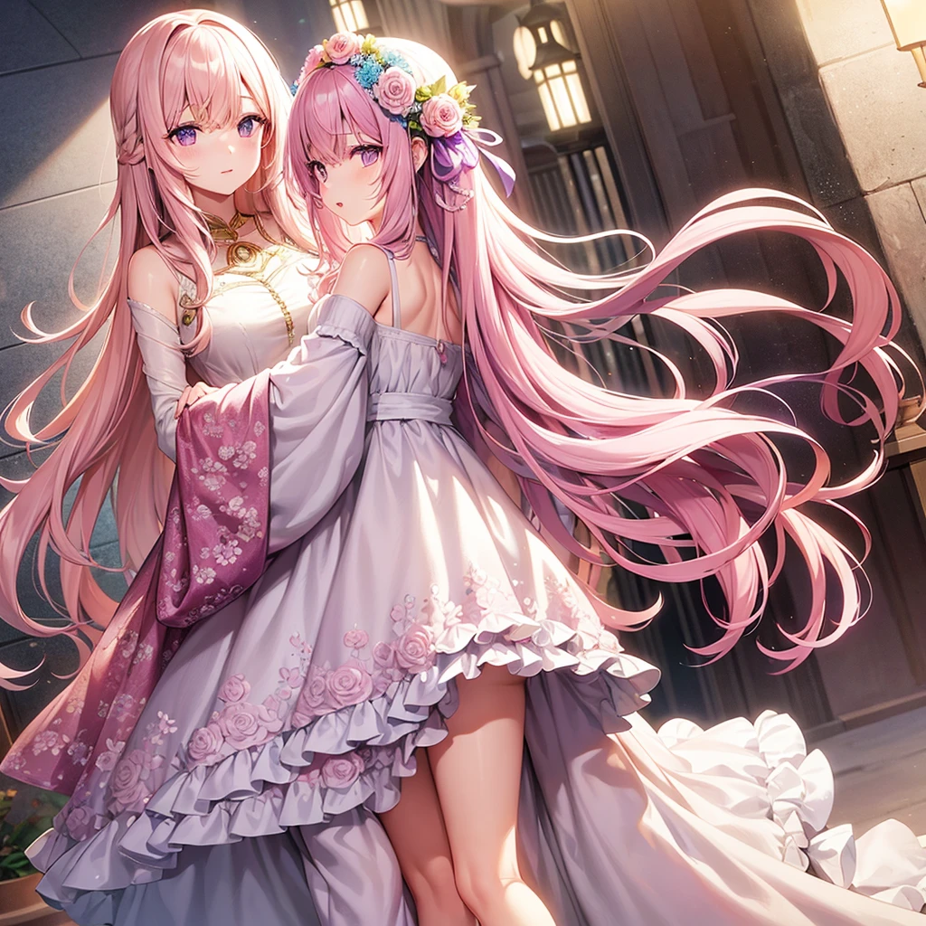 Very detailed CG Unity 8K wallpaper, Cute 2 lady, Mature hair、lady ,beautiful lady, pale skin (Super masterpiece, Beautiful person, well detailed face polluted smile, Photorealistic, hyper realisitic),
(Pink gorgeous dress:1.7)、 smile、
Japanese background with light pink flowers and snow、Portrait、(Two women:1.5)、
(ref Eyes)、(flat chest:1.2)、(Glowing Skin:1.7)、Detailed eyes、Big eyes、Open your mouth、Hide your arm、