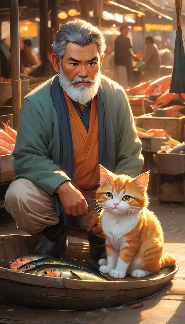 Learning the Lesson
Description:
A few days later, the father and son are back in the fish market. The father cat, with a serious yet gentle expression, is talking to his son, who listens intently. Both are working side by side, the father teaching the son about handling fish and interacting with customers peacefully. The son’s face shows understanding and a desire to change, as he carefully mimics his father’s actions, this time without the knife. The bond between them is strong, but there’s a new sense of awareness and mutual respect in their relationship.
Environment:
The market is back to its usual lively self, with fresh fish laid out and customers browsing. The sun shines brightly, creating a warm and hopeful atmosphere. Other market cats move about, but there’s a noticeable space around the father and son, symbolizing the start of a new chapter in their lives.