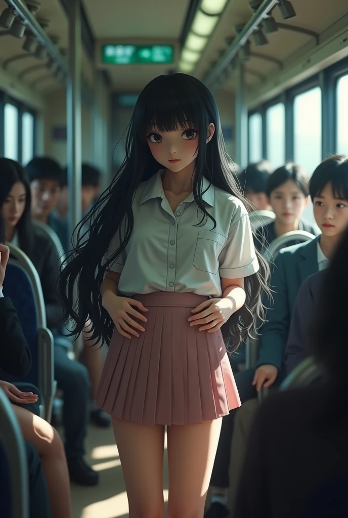 ((Highest quality, 8k, RAW Photos, masterpiece :1.3)), (Realist、Realist:1.37)、Very detailed、Ultra-high resolution, (Professional Lighting), ((From above:1.2)),((Full body photo)),小さいchest、Perfect Face、Beautiful expression、Beautiful Face、Cute eyes、1 high school girl、beautiful girl、Beautiful black hair、(not good、Schoolgirl uniform、Button-down shirt:1.2、Off the shoulder、Pleated mini skirt、Pale pink lace panties)、(A crowded train with sunlight pouring in、A fat middle-aged Japanese man hugs a high school girl from behind on a train)、((((A middle-aged man standing behind the woman.、the man reaches out his right hand and touches the woman'chest.:1.3、the man'His left hand is touching a high school girl.'He touched his private parts with his fingers..:1.2、Button-down shirt:1.2))))、caress、horror show、blush、the man has a vulgar look、Men hugging each other