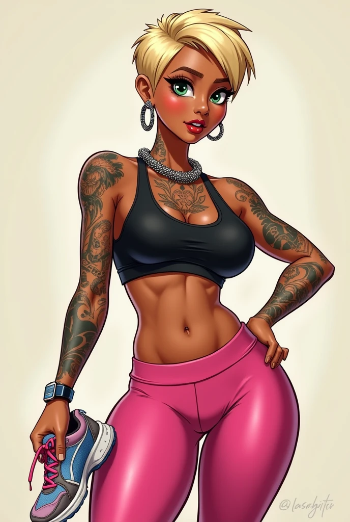 a beautiful tanned olive skin pretty face girlie cartoon woman with flat stomach wide hips curvy
 body with big breast and big bum with full body tattoos stomach, neck and arm tattoos with green blue eyes and short blonde pixie cut hair wearing black crop  
top and pink leggings holding trainers



