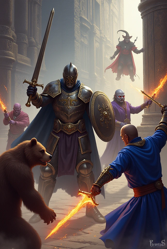Create an image , with the characters, paladin with armor and a black helmet and with a sword in one hand and a shield in the other, an undead dwarf cleric in armor with a warhammer in one hand, a pale tiefling warlock in purple robes and a flaming sword, a mage in a blue dress casting magic and a sword in her hand, a big brown bear with half a mustache, an elf wizard wearing a blue robe firing a mystical blast, make character art in realistic style