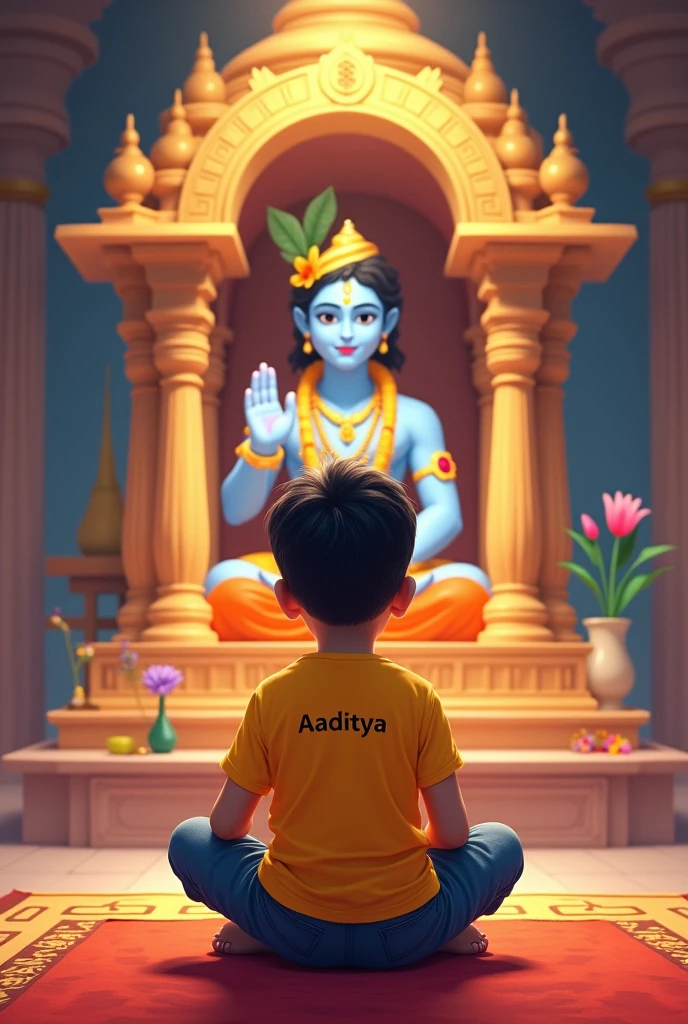 I want to gnerate picture a boy
whose name is Aaditya written in his yellow t shirt and wearing full pant yellow sitting infront and worshipping lord krishn in temple and
Aaditya written in his tshirt