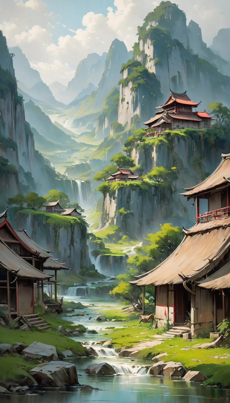 artist by Liu Wei,inside the village,wild animals,light tones,(smooth strokes),fine sketches,Vivid,Moody,Landscapes,Fantasy,Dark,landscape oil painting, red and green colors