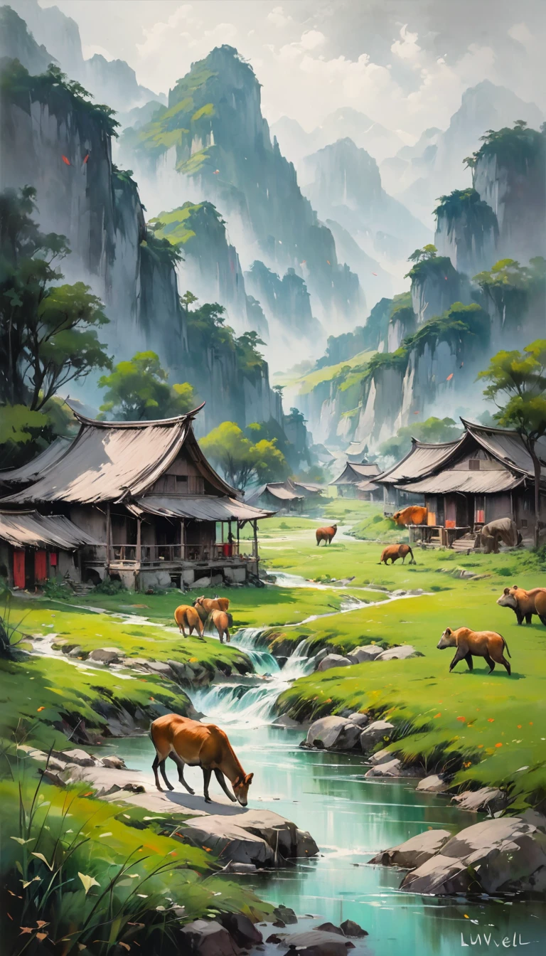 artist by Liu Wei,inside the village,wild animals,light tones,(smooth strokes),fine sketches,Vivid,Moody,Landscapes,Fantasy,Dark,landscape oil painting, red and green colors