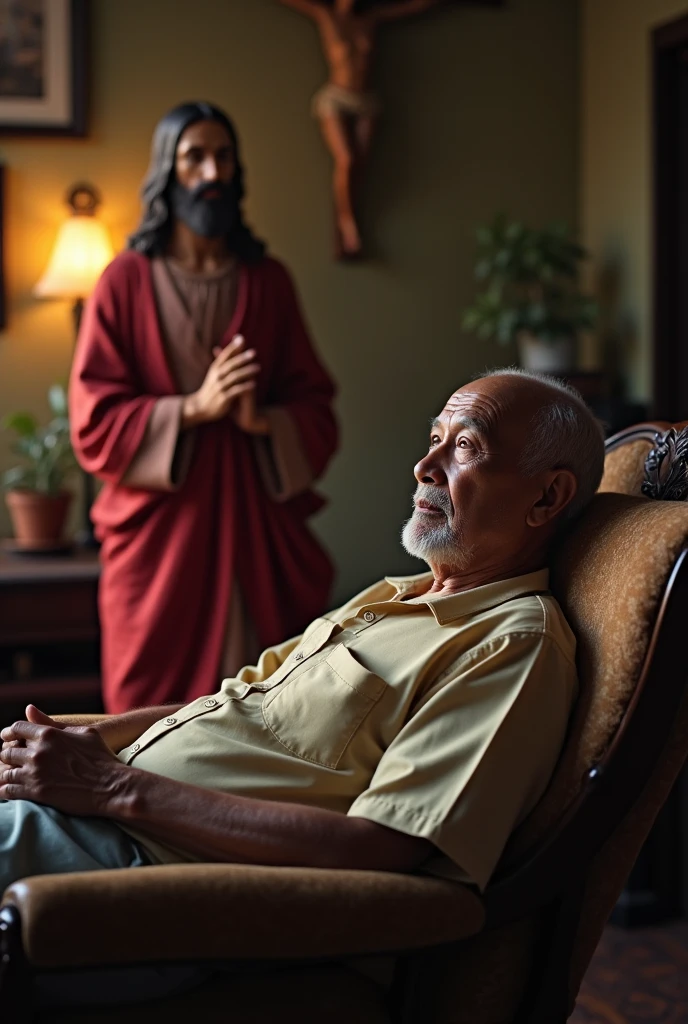 Super realistic images in high resolution. An Indonesian man, 60 years old, totally bald no hair at all, clear face, slim body, wearing casual, laying on a long chair, dying in peace. Lord Jesus Christ in classic red as well known by christian, standing appears him with softly touch. Location: house room.