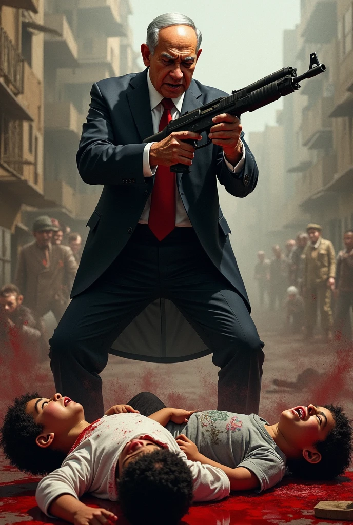 Evil Benjamin Netanyahu killing little children and every where blood using gun
