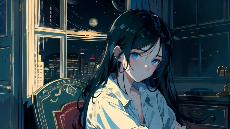 Create an illustration of black hair and blue eyes, sitting in a chair in front of a desk, Sentimental, Introspective look。, The moonlight gently shines into the room, Gently illuminate the space, Curtains sway in the wind, Increase tranquility, Dark mood, Emphasise the theme of loneliness, silence, And the depths of night, The room is dark、dimly lit by the moonlight