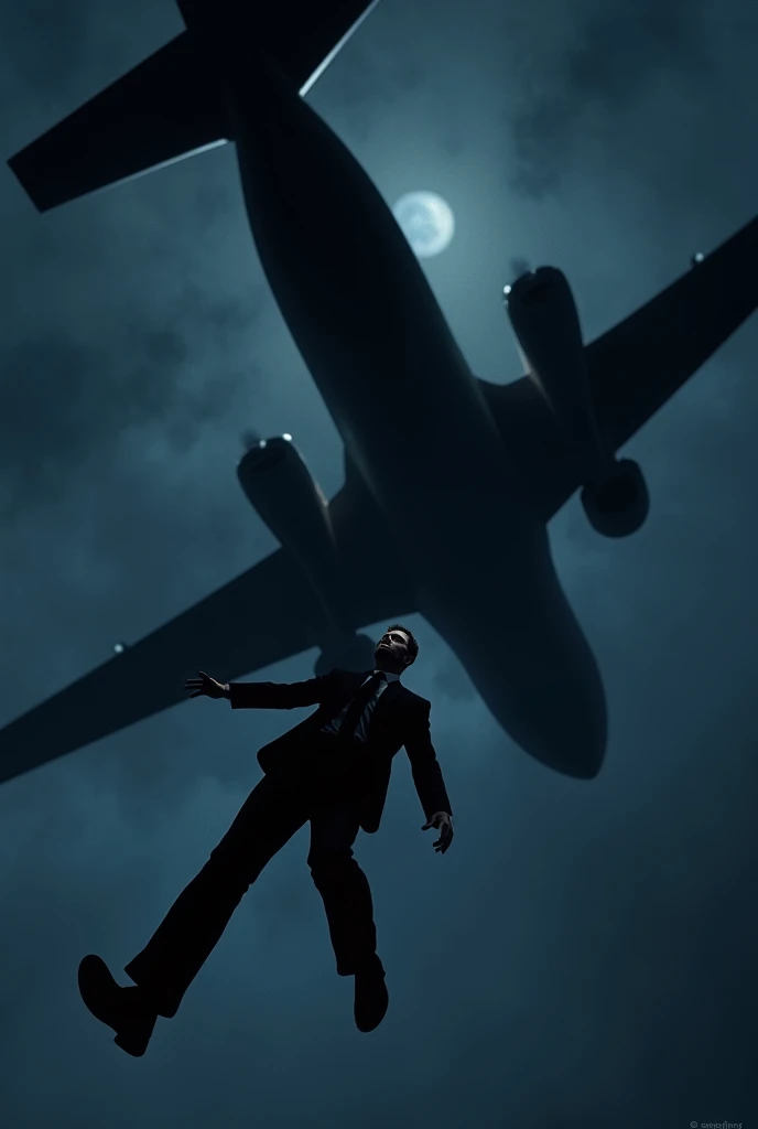 dramatic nighttime scene where DC Cooper is mid-air after jumping from an airplane. He is wearing a black suit and tie, with a parachute strapped to his back, and is seen free-falling through the sky. The wind is catching his clothes as he descends, with the dark silhouette of the airplane above him