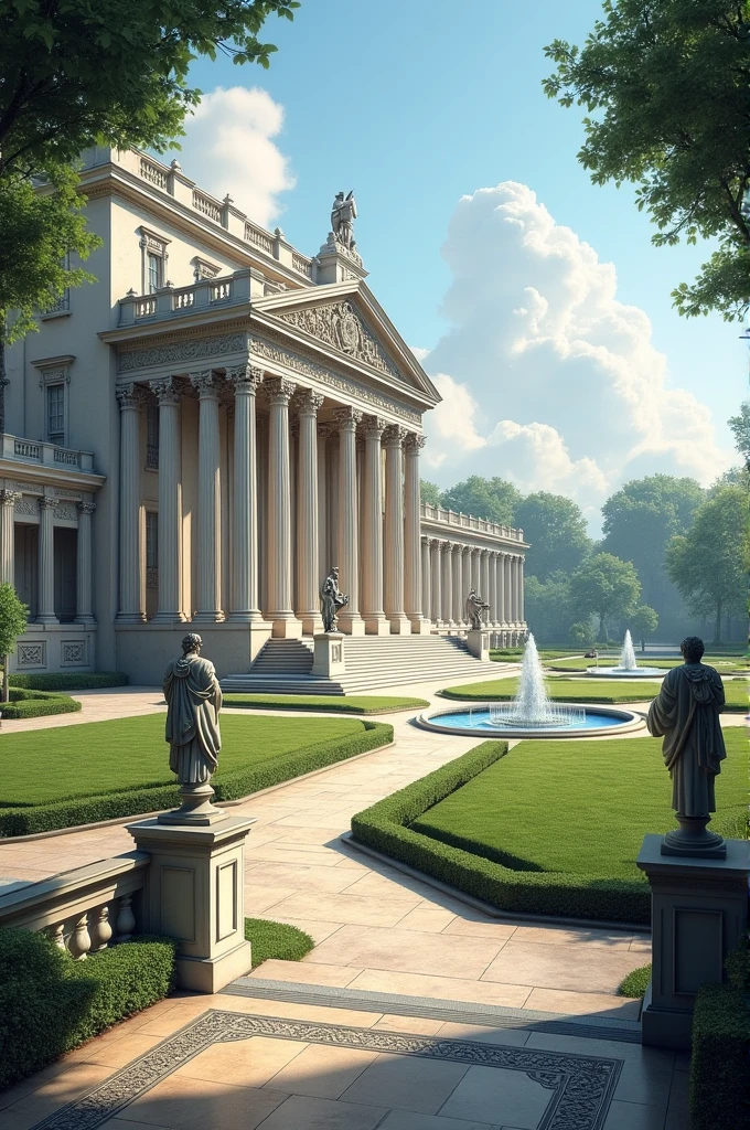 Neoclassical palace with a park in the background