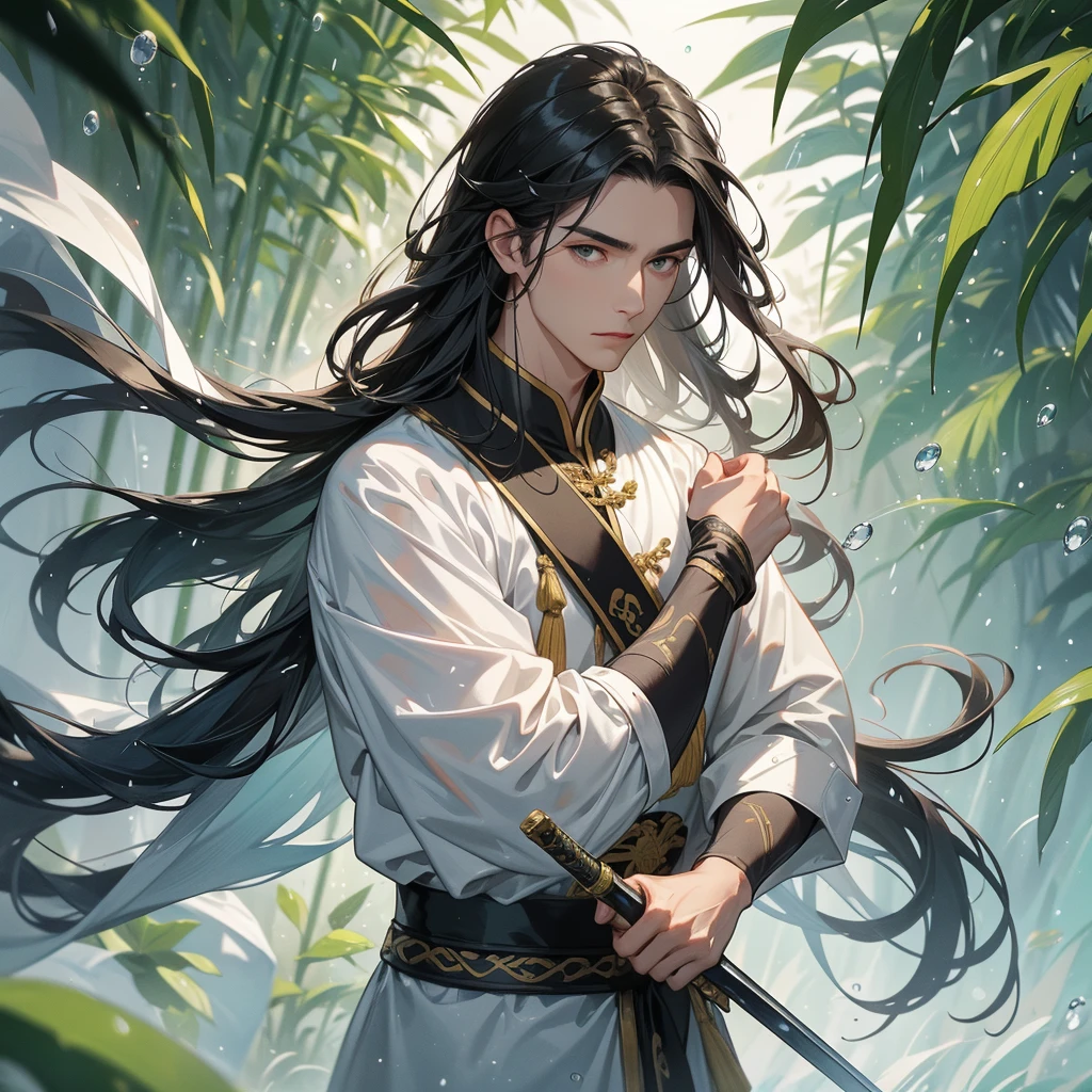 a Handsome black-haired male general holding a large sword in white ancient Chinese general costume, the back is a lush green bamboo forest. the air after rain has water droplets splashing around, close up.