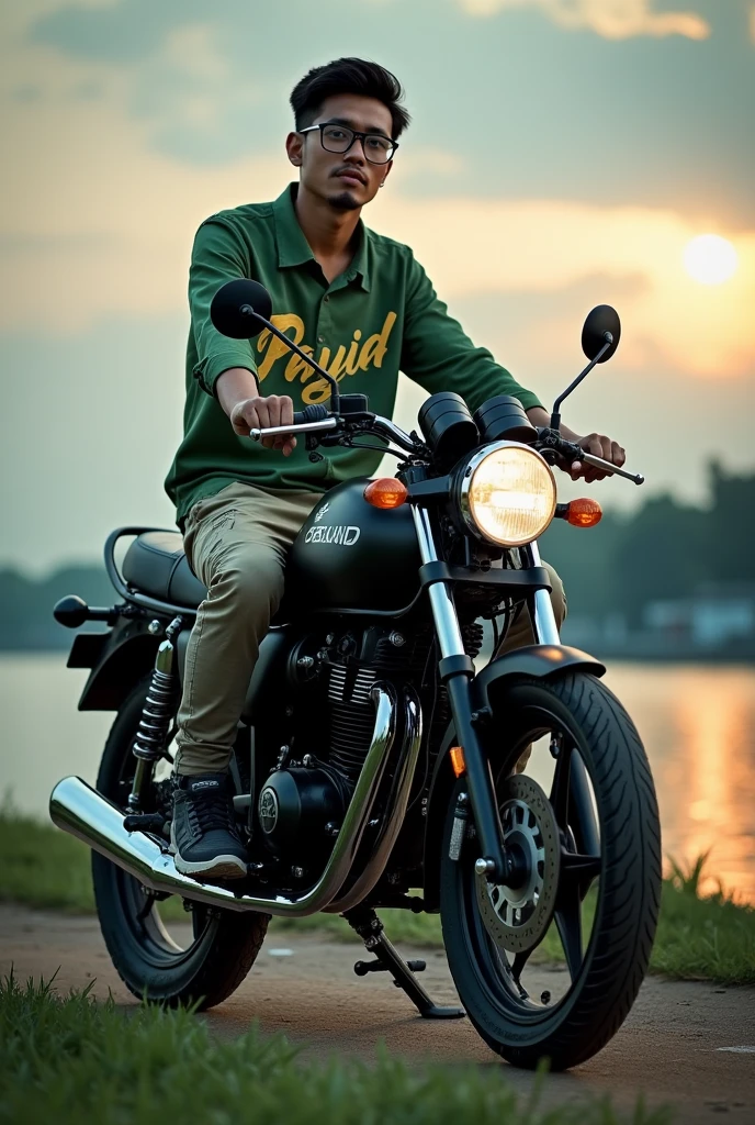 (masterpiece, high quality, 最high quality:1.2)、reality,alone, hensom malay man 29 yea,r glasses、He sits with his legs spread apart on a green modified Honda Super Cub. facing camera,green shirt and making word Gold inscription "payid", cargo pants、sneakers:1、Riverside at dusk、whirlwind,Panchi et al... style,Removing the Stand:1.3, the image is very detailed, super HD