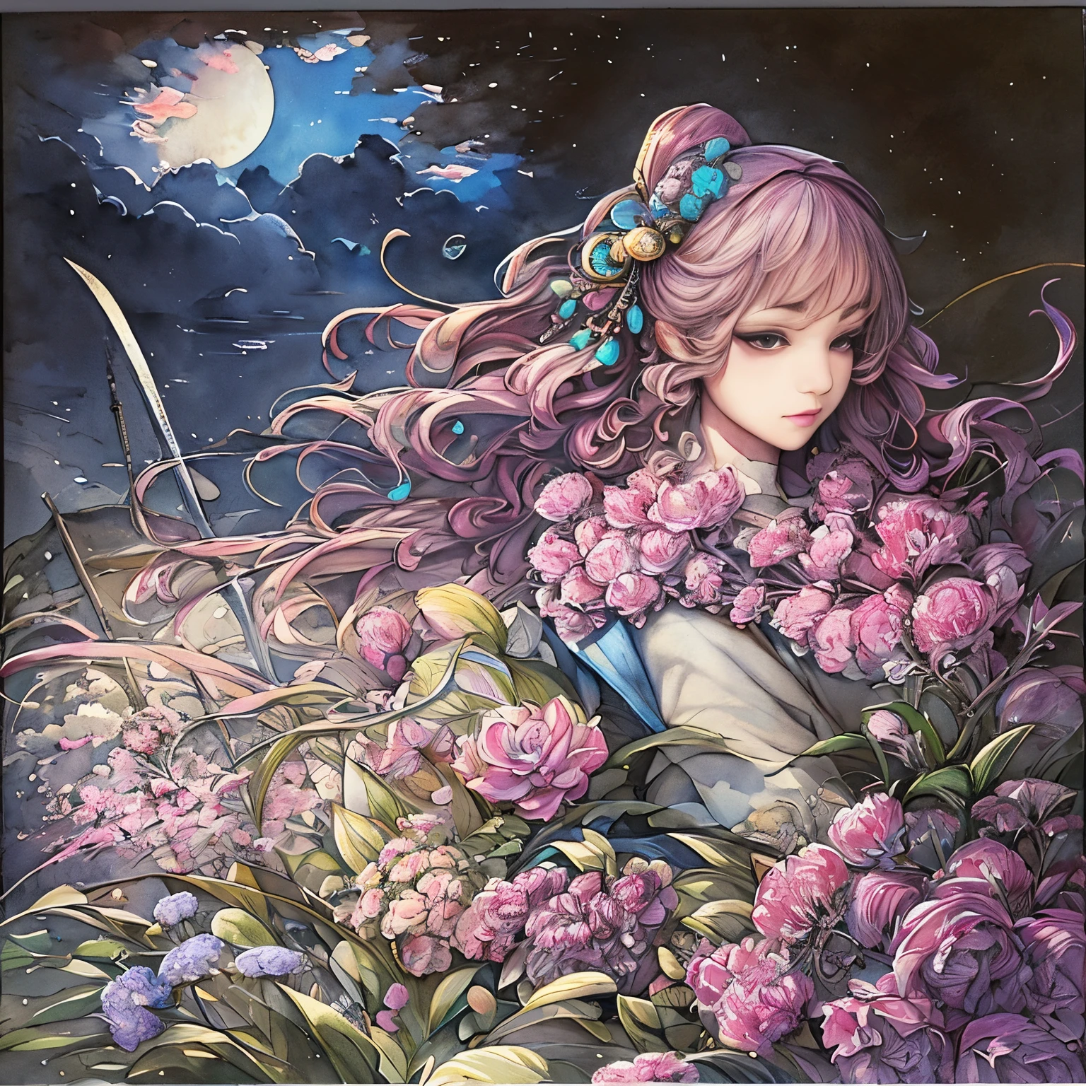masterpiece: 1.7, Highest quality, Very very beautiful, Delicate use of colour、Detailed face、Realistic facial expressions、 art, (Watercolor(curly)、公式art、Realistic、Beautiful and aesthetic:1.3)、(One Girl:1.3)、(フラクタルart:1.3)、(kimono)、Upper body、From the side、Looking at the audience、pattern、Flowers, birds, wind and moon、Yuki、A Thousand Cranes、cloud、lanthanum、Starry Sky、performer、(Tabletop, Highest quality), Very detailed, Sexy Female Ronin, warrior, Cherry border, Japan tattoos, knife, Japan, night, moonlight, ベクタースタイルのart, erotic, Movie Poster Style, lettering.