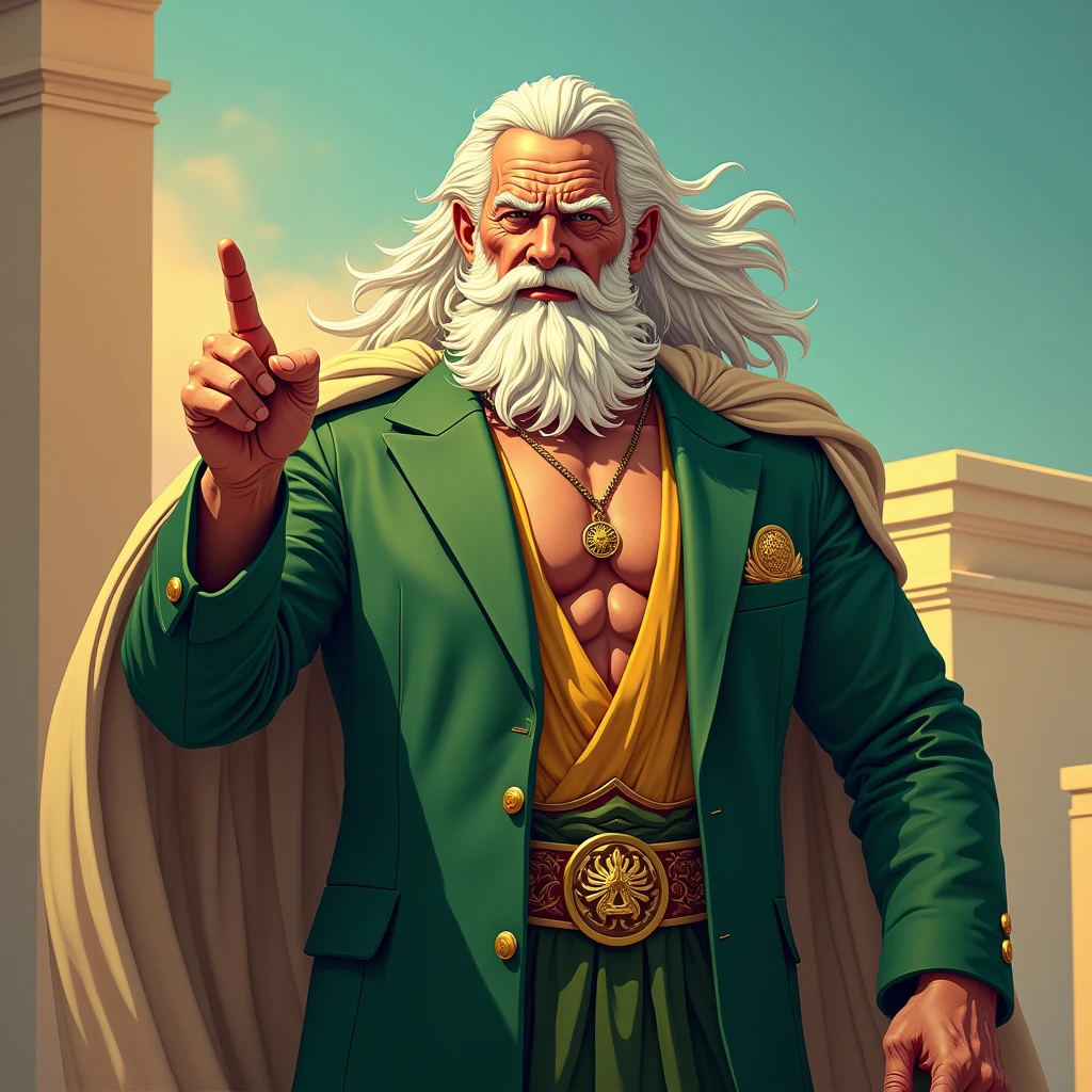 A 50 year old man, with the imposing appearance of a wise and powerful old man. He has white hair and beard, similar to the classical image of Zeus, which gives it an air of authority and grandeur. His physique is robust and muscular., showing remarkable strength. He wears a green suit that highlights his formidable presence.. With an angry and serious expression on his face, points finger at camera, conveying a sense of disapproval and power, detailed realistic, bright and colorful colors, 8k