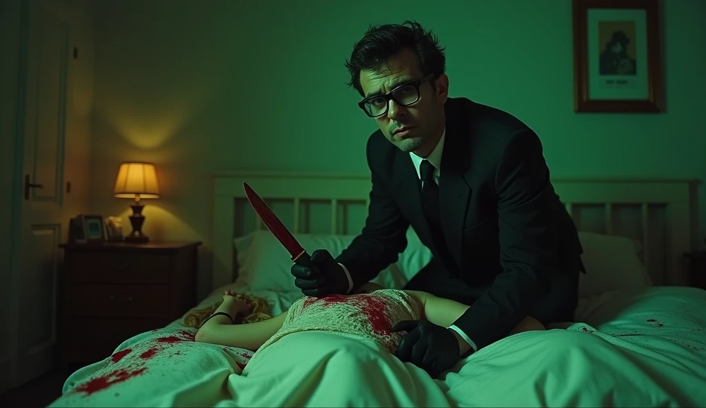 Italian crime film, horror, giallo scene, nerdy killer, man, black glasses, black gloves, butcher knife, girl tied up on bed, blood spatter, dirty hotel room, cinematic lighting, , Realism, Luminism, cinematic lighting, Eye-Level Shot, Ultra-Wide Angle, high details, award winning, best quality, 16k, ccurate, retina, UHD, textured skin, super detail, luric vivid colors, soft green back lighting, blood, fear, retro aesthetic, Dario Argento style, Mario Bava style, Fumetti, horror comic book aesthetic