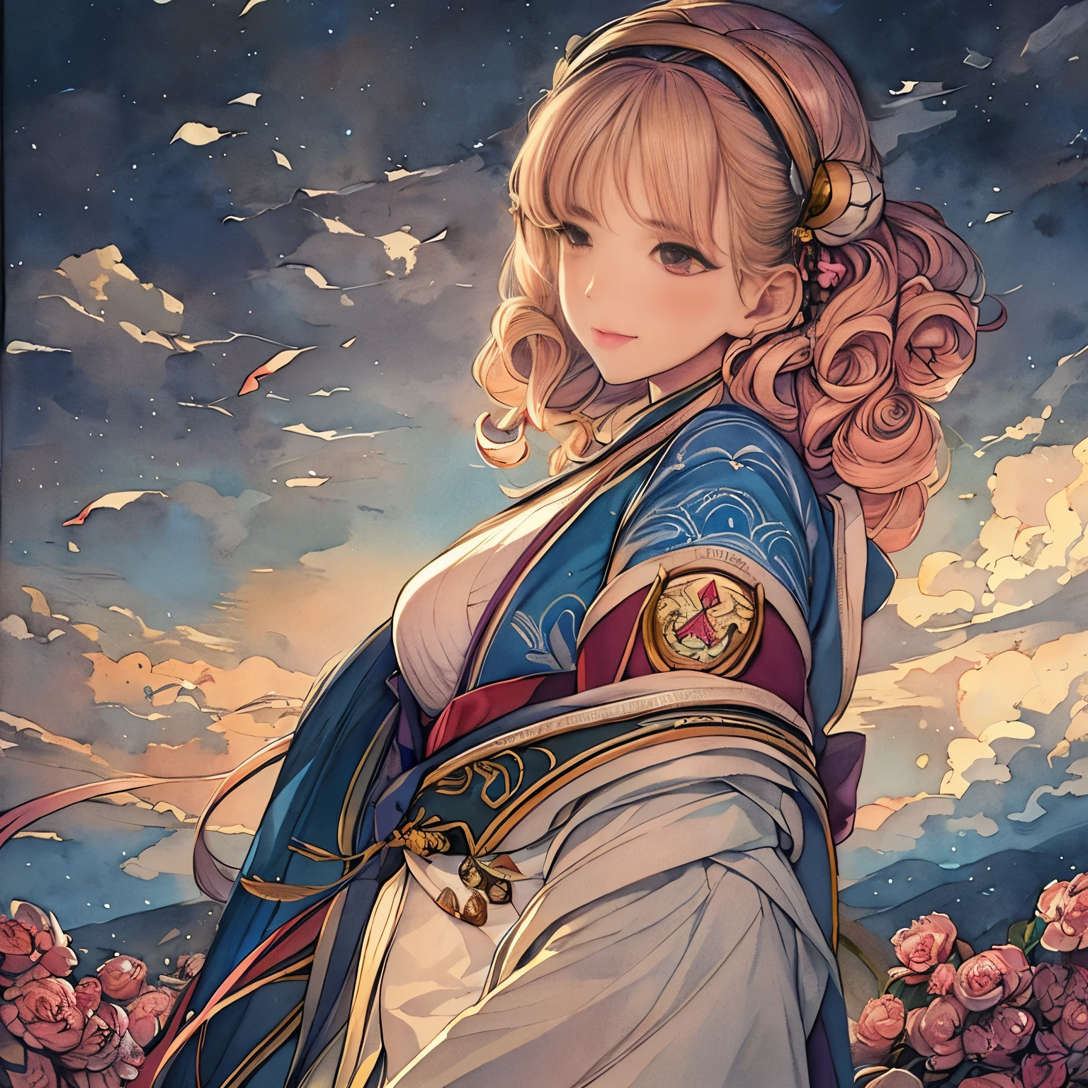 masterpiece: 1.7, Highest quality, Very very beautiful, Delicate use of colour、Detailed face、Realistic facial expressions、 art, (Watercolor(curly)、公式art、Realistic、Beautiful and aesthetic:1.3)、(One Girl:1.3)、(フラクタルart:1.3)、(kimono)、Upper body、From the side、Looking at the audience、pattern、Flowers, birds, wind and moon、Yuki、A Thousand Cranes、cloud、lanthanum、Starry Sky、performer、(Tabletop, Highest quality), Very detailed, Sexy Female Ronin, warrior, Cherry border, Japan tattoos, knife, Japan, night, moonlight, ベクタースタイルのart, erotic, Movie Poster Style, lettering.