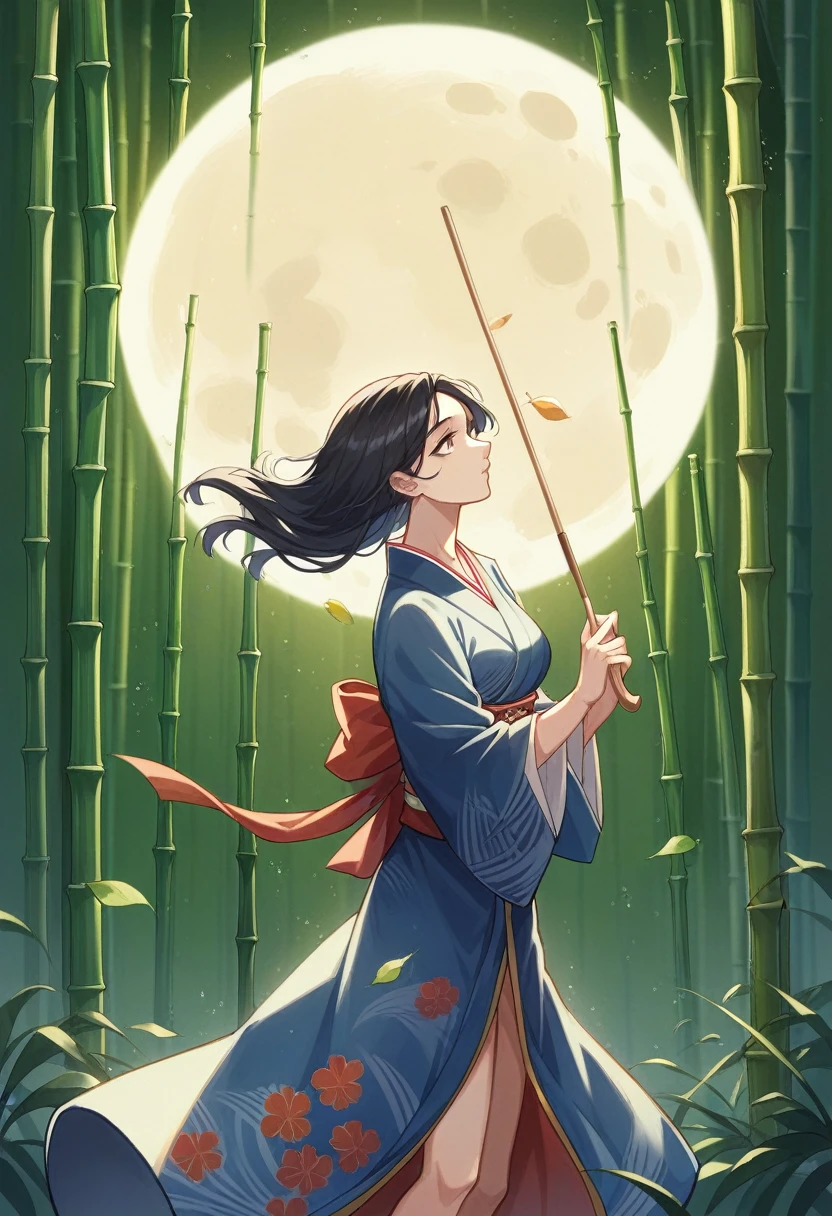 dynamic ink painting of a bamboo grove of japan, great art, great sense of depth, ground level shot, the most beautiful bamboo grove in the world, bamboo leaves shining through rainwater, moon\(pale blue\) with a light overcast, beautiful woman\(ancient Japanese noble, beautiful kimono, beautiful long black hair\) looking up at the moon holding an umbrella,raining softly, fireflies flying around, bamboo leaves are placed three-dimensionally in the foreground, long distance shot,limited color