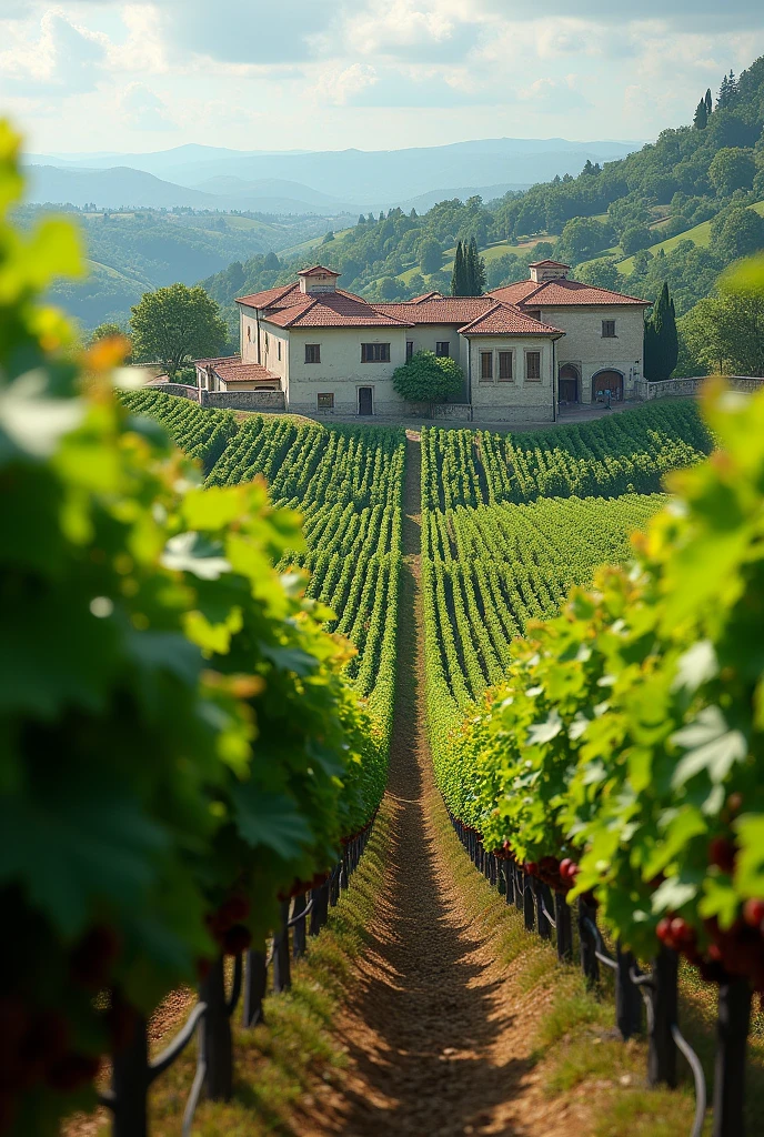 Fields with grapes. In the background is a winery and a house with outbuildings