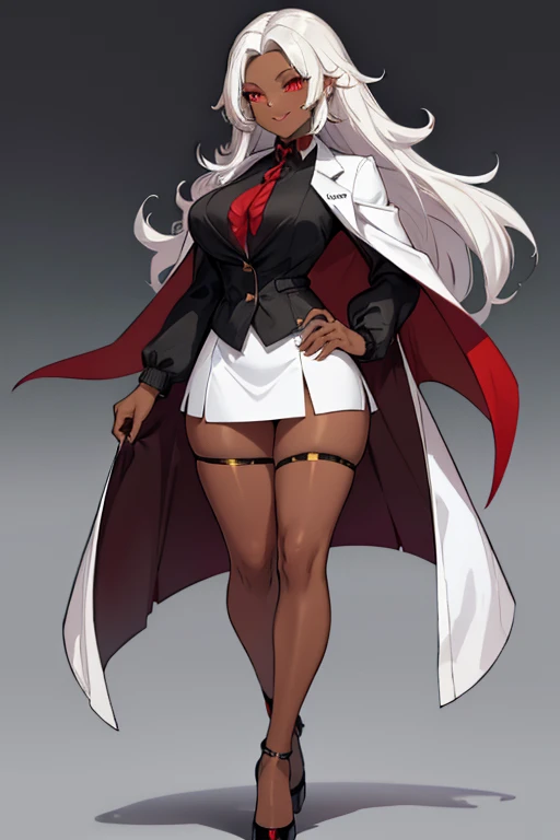 female, black messy long hair, red eyes, dark skin, (((1girl))), (((white lab coat))), (black blouse), (black knee length skirt), (black stockings), (gold heels), cute and sexy, full body, large breasts, long legs, smiling