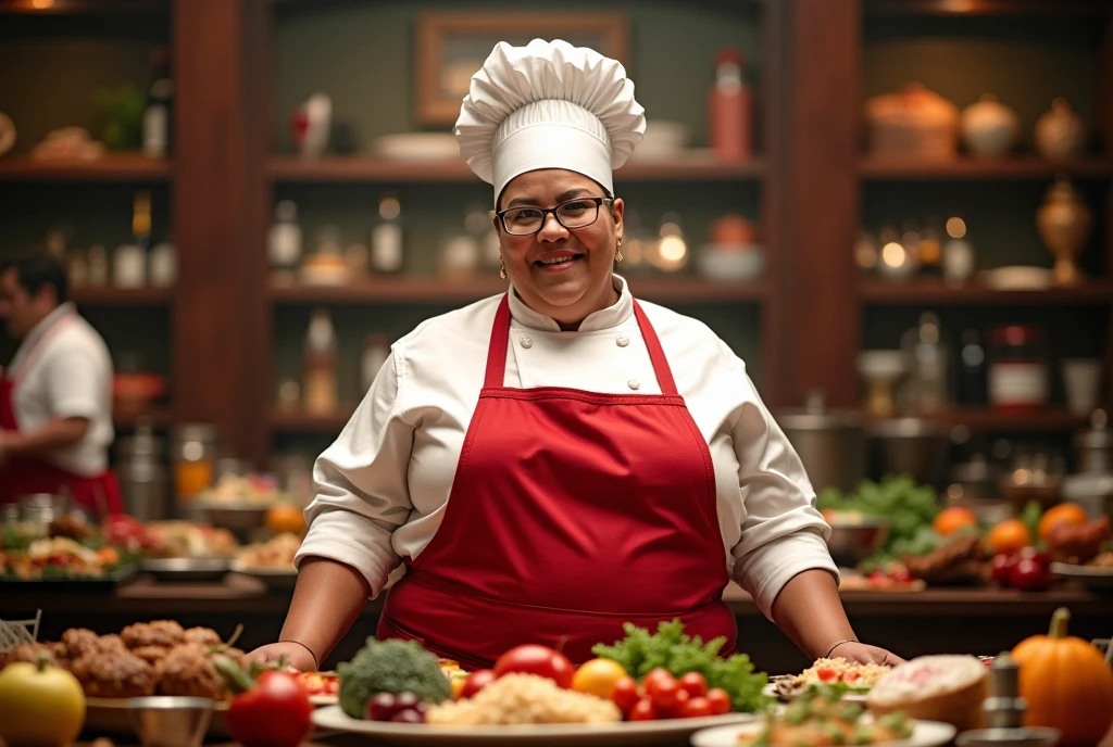 fat woman Iron Chef: Quest for an Iron Legend,the back ground is in a fancy restaurant, surrounded by food, food everywhere, table full of food in foreground,kitchen stadium