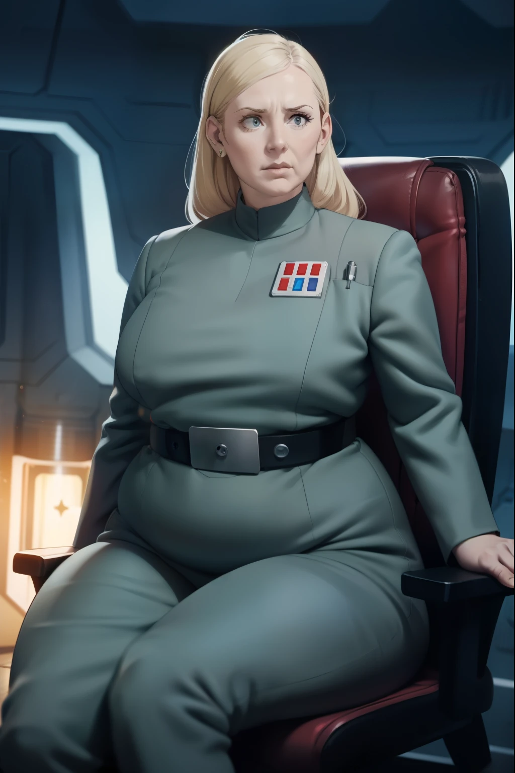 1woman, officer, too tight Imperial uniform, captain. star wars, chubby, fat, ashamed. overweight, long blond hair. . good lighting. tight uniform. young adult, lazy, fat, sitting in a command chair, bored, gray uniform, wide hips, tight belt, uncaring,