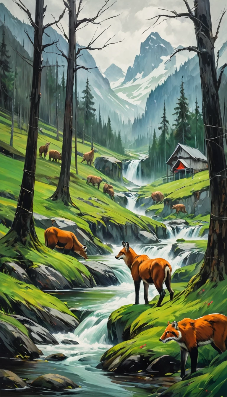artist by Günther Förg,inside the village,wild animals,light tones,(smooth strokes),fine sketches,Vivid,Moody,Landscapes,Fantasy,Dark,landscape oil painting, red and green colors

