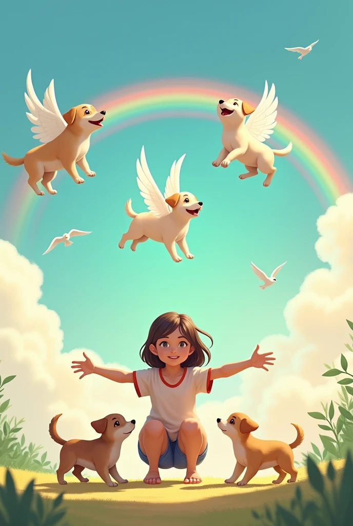 Give me a drawing.
The background have cloud, rainbow and birds
While in the middle there's a ager girl squatting down while opening her arms to welcome the 3 new small dogs that running towards her while there's 3 dead angel dogs flying on top of her head