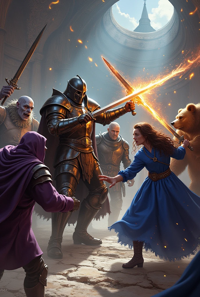 Create an image , with the characters, paladin with armor and a black helmet and with a sword in one hand and a shield in the other, an undead dwarf cleric in armor with a warhammer in one hand, a pale tiefling warlock in purple robes and a flaming sword, a mage in a blue dress casting magic and a sword in her hand, a big brown bear with half a mustache, an elf wizard wearing a blue robe firing a mystical blast, make character art in realistic style