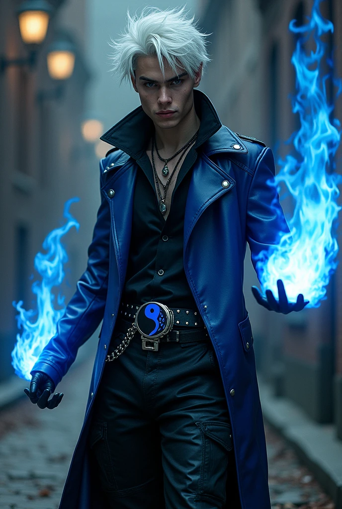 Male age 25, latin-greman, gray eyes, white hair visual kei, deep evil and cute eyes, crazy smiling, mixed royal blue and black on the leather matrix gabardine open, soft black shirt, black cargo pants, only right arm on blue flames, cyberpunk style, belt with a blue ying yang, chains around the belt, athletic, magic powers, action, cunning look, leather black boots with metal pins, black cat nails, jojo's pose, night background, uncovered head