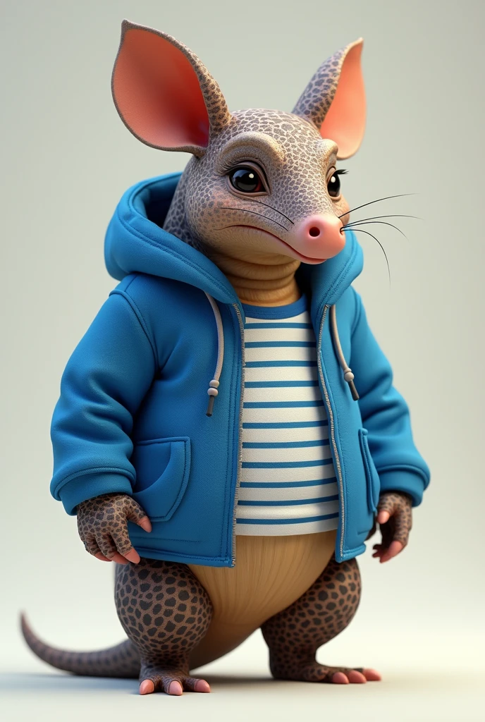 Create an armadillo with a uniform that has a blue sweatshirt and a white t-shirt with blue stripes.