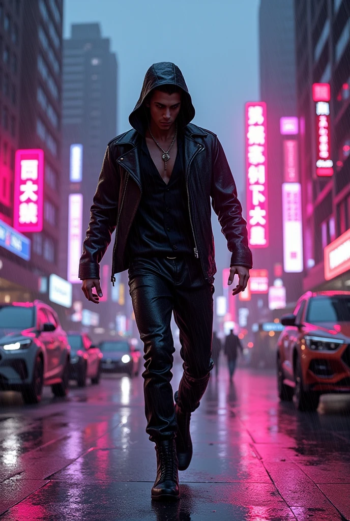 (masterpiece, Best Quality, High resolution, Fondo de pantalla de unidad de 32K, Extremely detailed CG:1), (weak illustration on stage:1.0), ((1 tall and handsome cyberpunk:1.5 dancing in the rain:1.7 )),(( cyberpunk night city:1.4)), neon signs futuristic cars,dark place rain, ((wet clothes magenta neon lights perfectly illuminating the young tall man:1.45) . 32K
