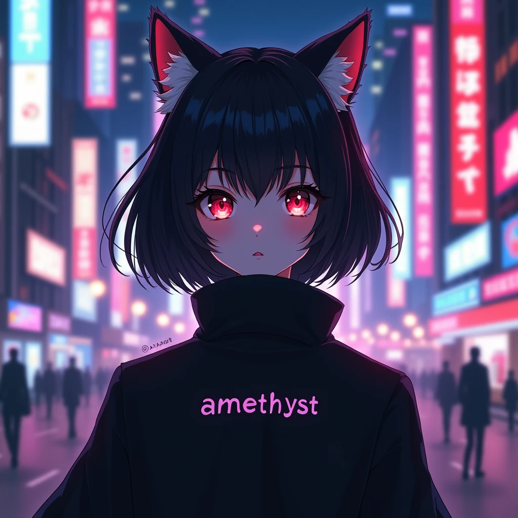 anime girl is wearing black aesthetic jacket, with cat ears and with a text "amethyst" at
the back of his clothes, while
she's looking in front, in
citylights background