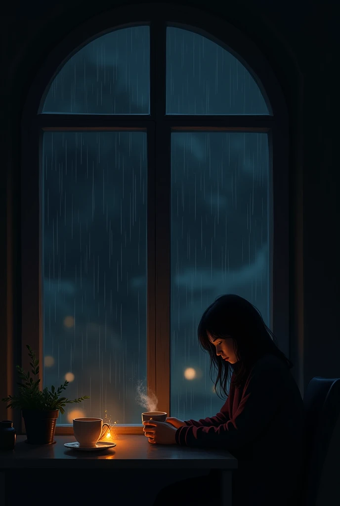 raining night sitting at the window with cup in hand